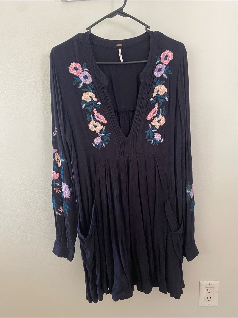Black Embroidered V-Neck Women's Dress with Floral Accents